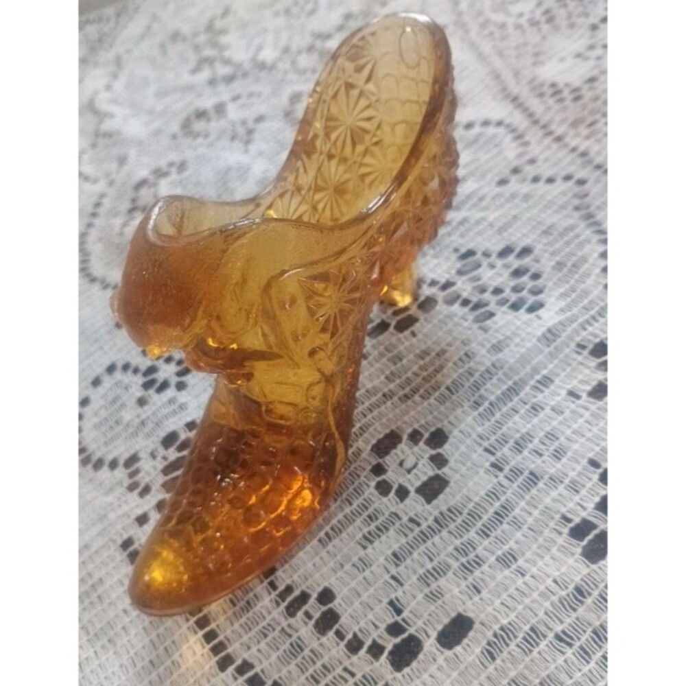 Vintage Fenton Amber Glass Cat Head Slipper Shoe Hobnail 5.5" Figurine
